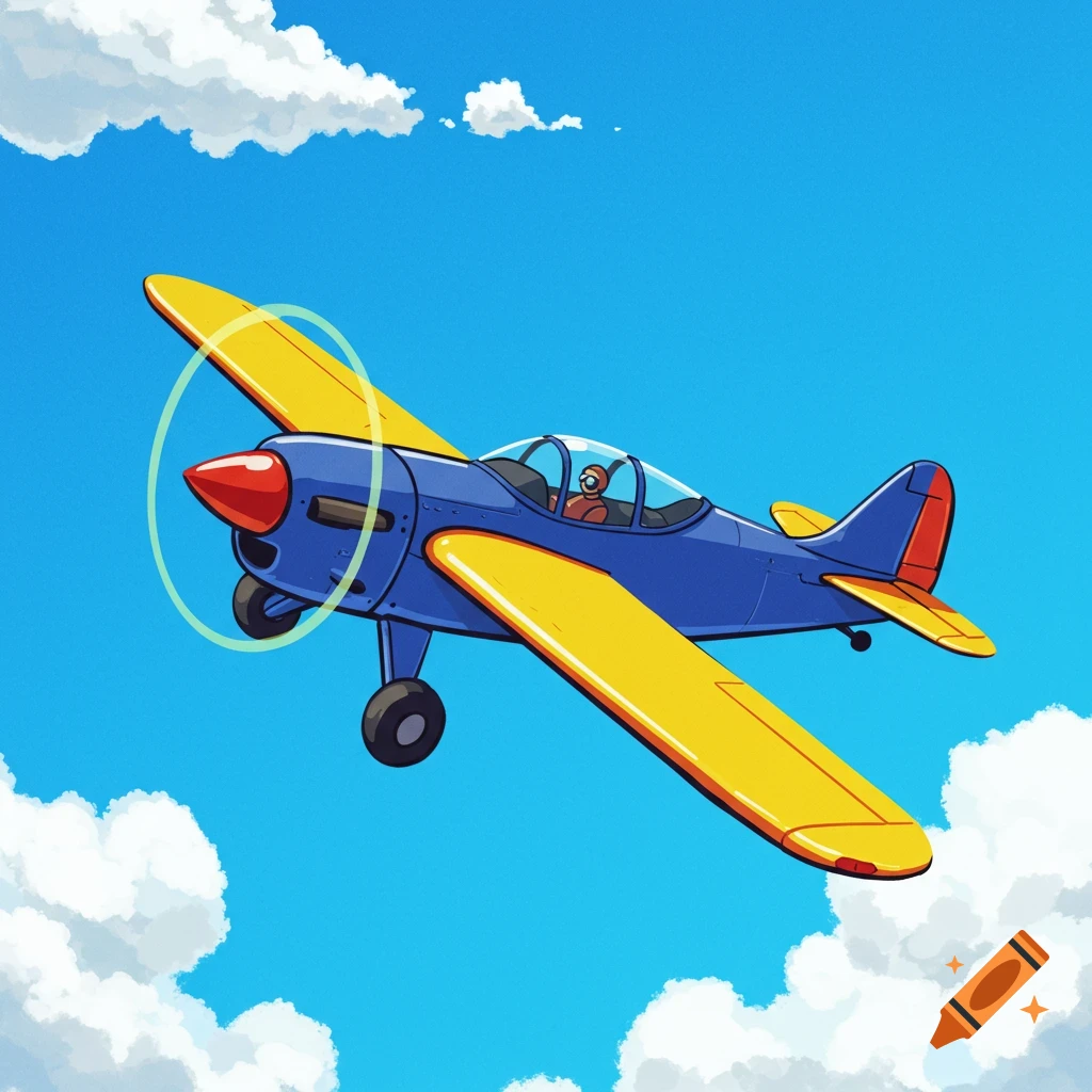 A blue and yellow cartoon airplane with a red nose flies through a blue sky with white clouds.