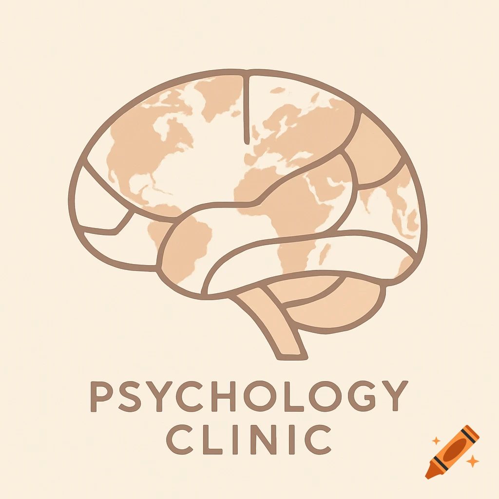 Stylized logo of a brain with a world map pattern, above the words 'PSYCHOLOGY CLINIC' on a light background.