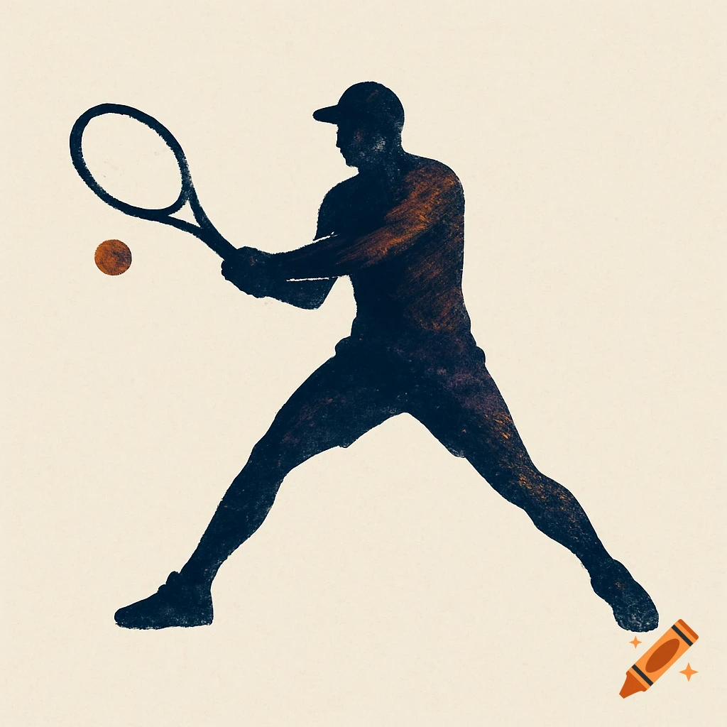 A dark silhouette of a tennis player in mid-swing, hitting a forehand, with a tennis ball to the left, on a light background. Styled as a logo.