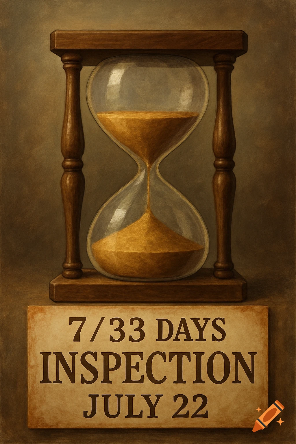 A detailed painting of a wooden hourglass with sand flowing, sitting above a sign that reads '7/33 DAYS INSPECTION JULY 22'.