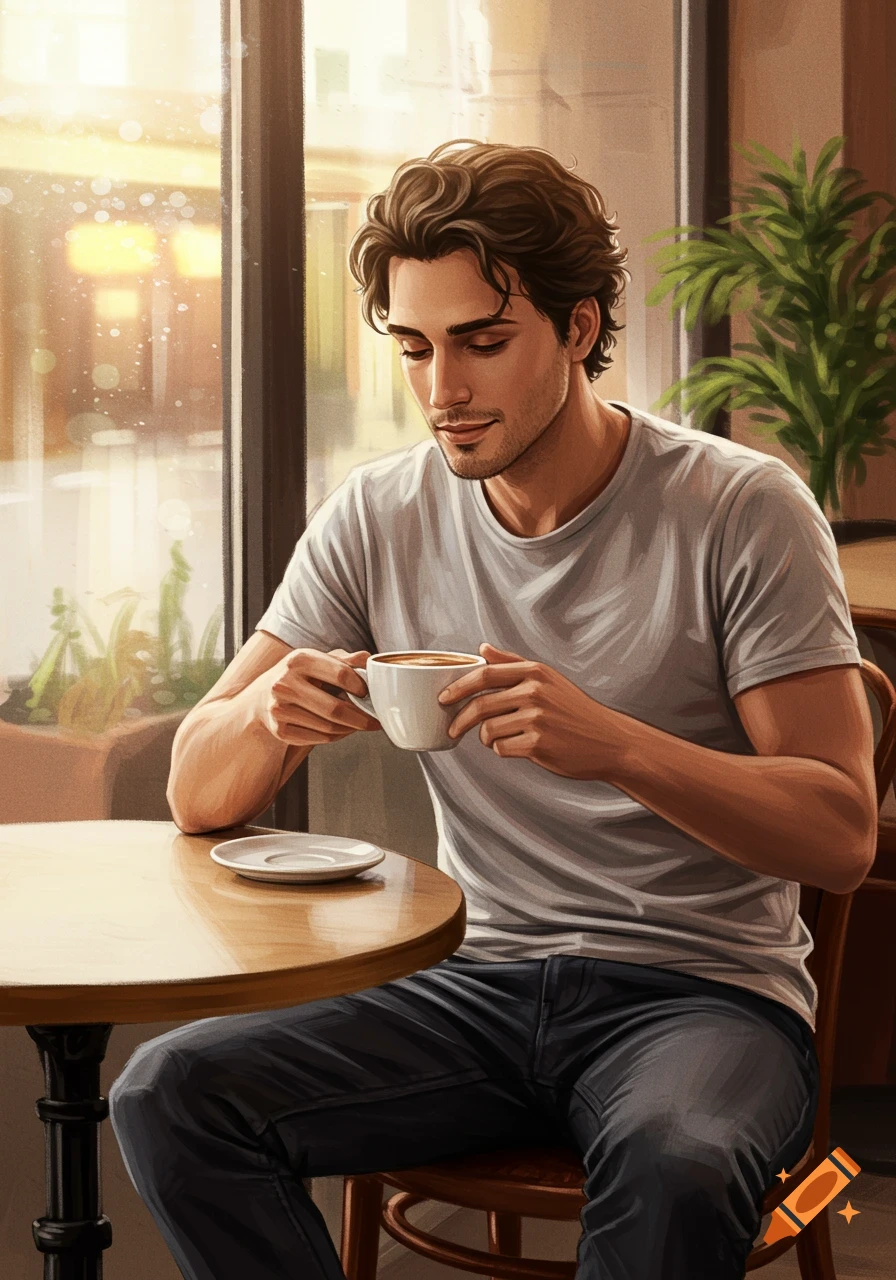 A man with dark hair sits at a cafe table, holding a white coffee cup, looking down. Sunlight streams through a window behind him.