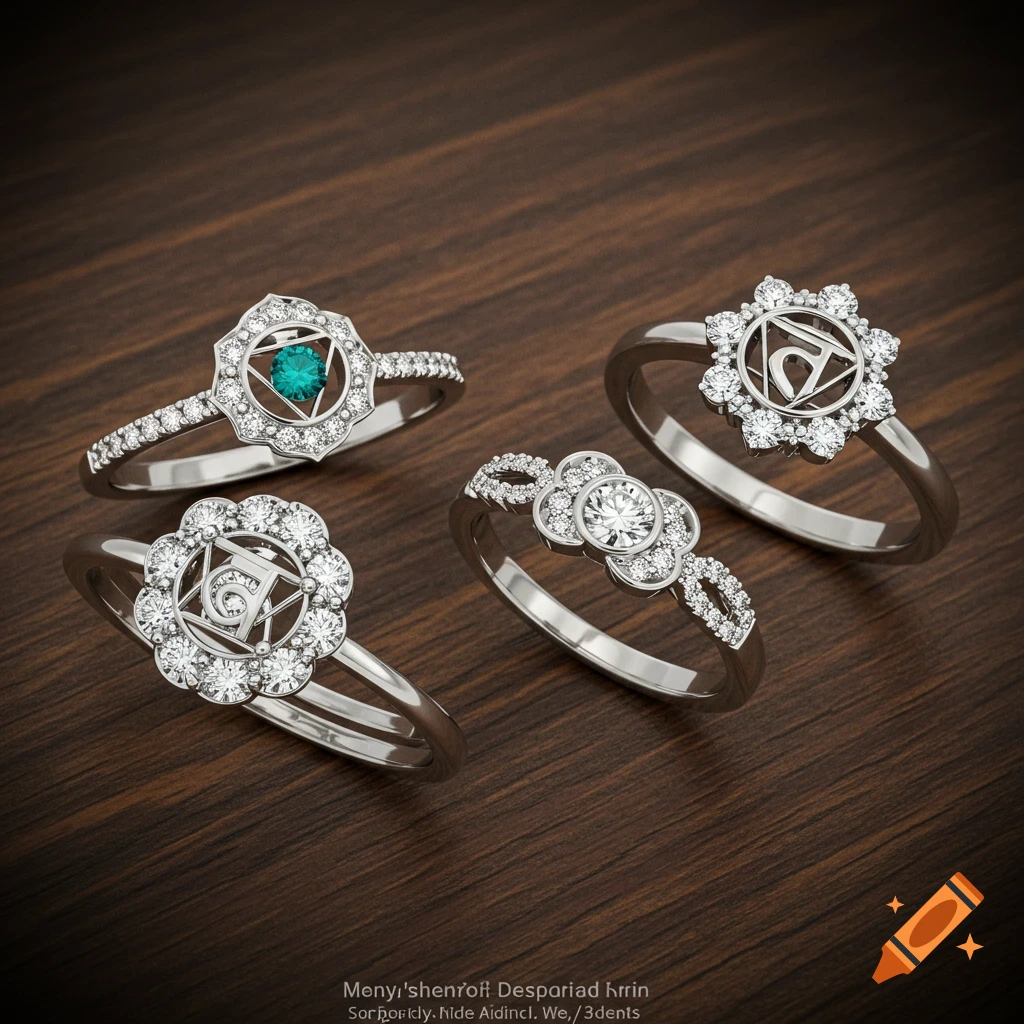 Four silver rings with diamonds and one teal gem on a dark wooden surface.