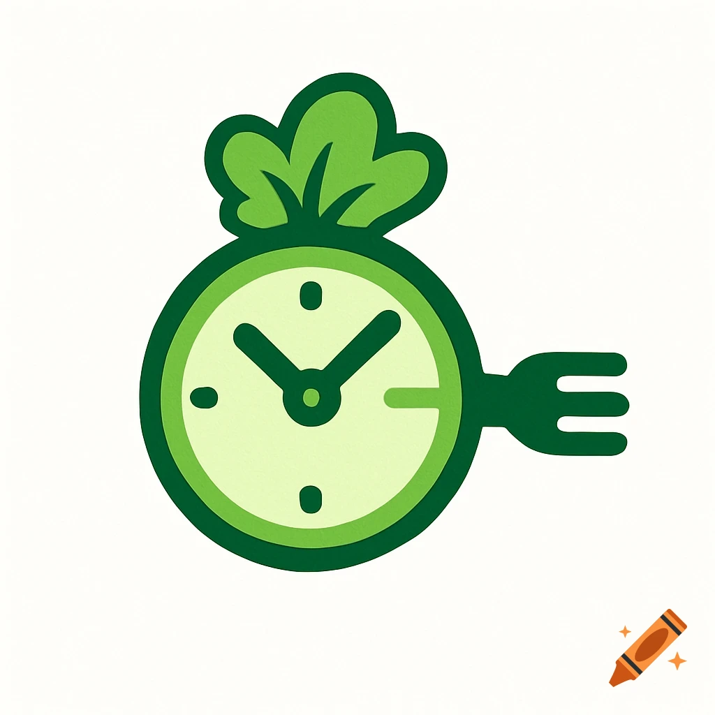 Green cartoony logo of a clock with lettuce on top and a fork as part of its right side on a white background.