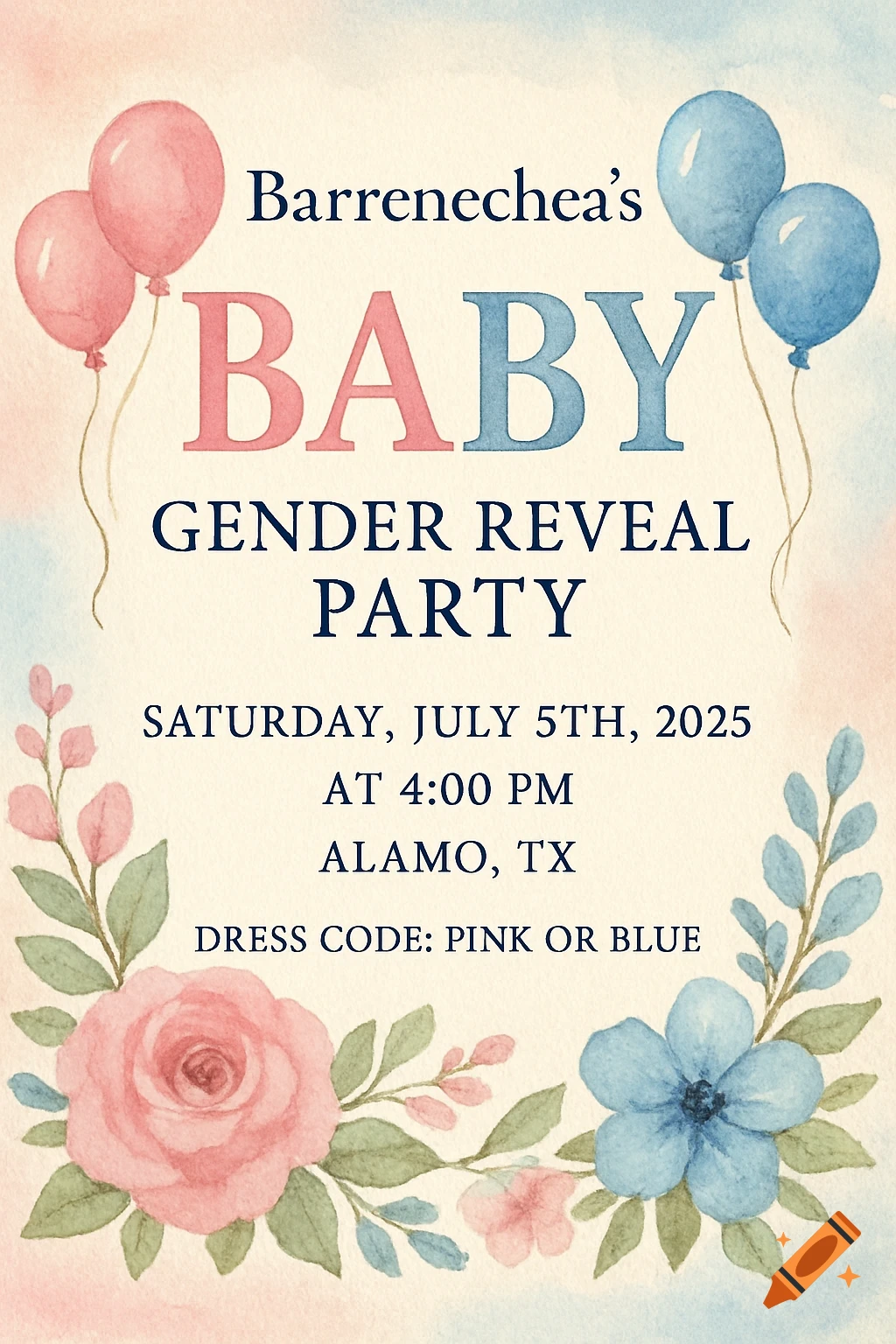 Watercolor gender reveal invitation with pink and blue balloons and flowers, announcing Barrenechea's party on July 5, 2025.