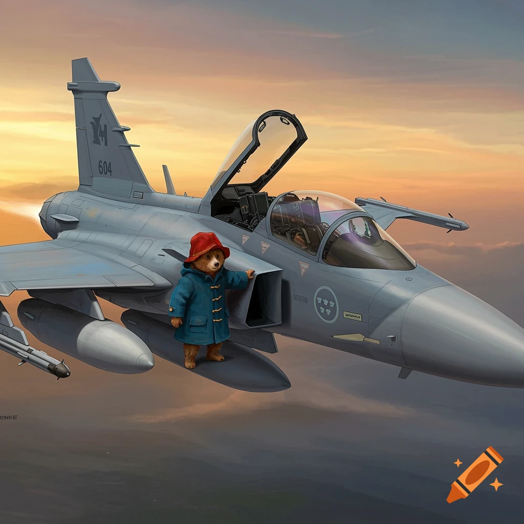 A bear in a red hat and blue coat stands on the wing of a grey fighter jet flying at sunset.