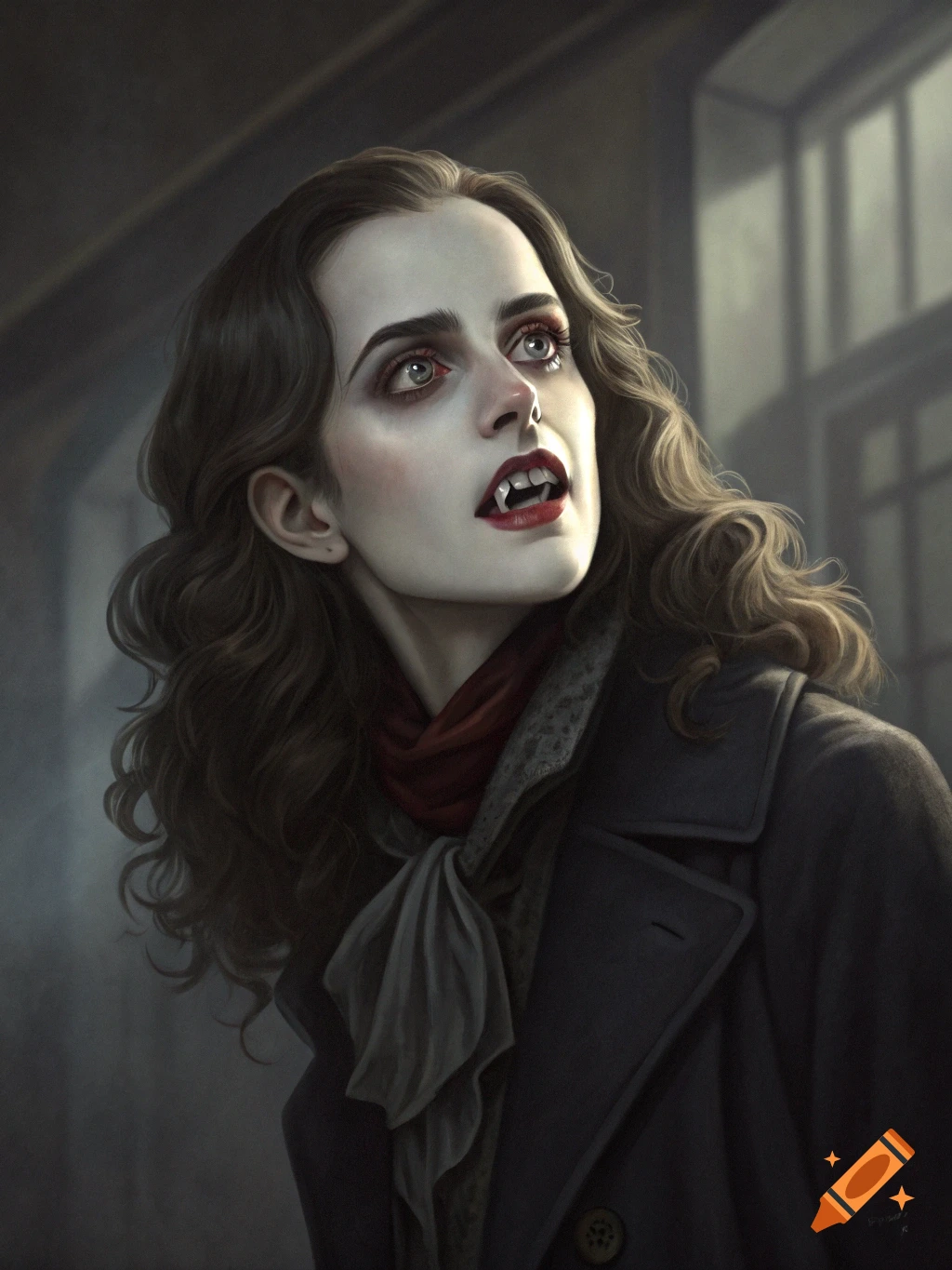 A realistic portrait of a female vampire with pale skin and fangs, looking up intently in a dimly lit, dark setting.