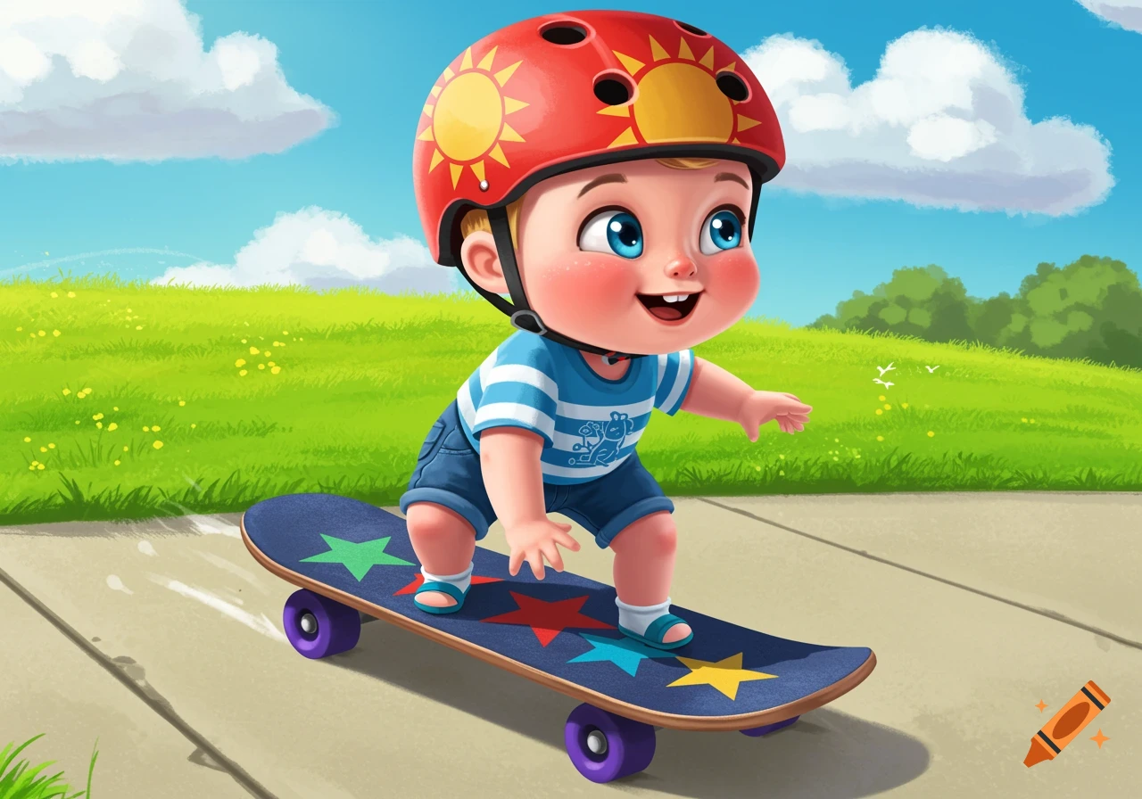 A cute cartoon baby wearing a red sun helmet and blue striped shirt, riding a skateboard with colorful stars on a paved path with green grass and blue sky.