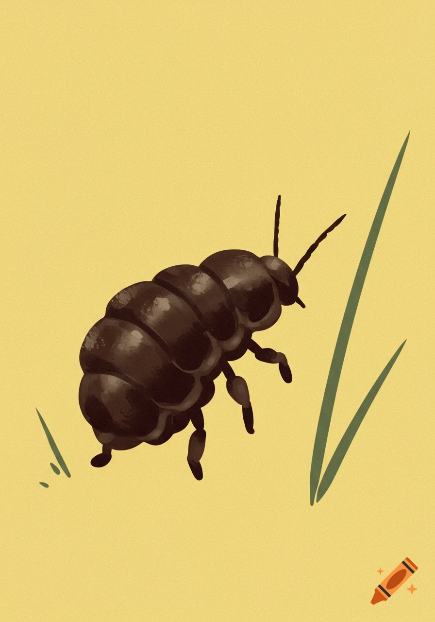 A stylized illustration of a dark brown pill bug or woodlouse with segmented body and small legs, on a light yellow background with a few blades of green grass.