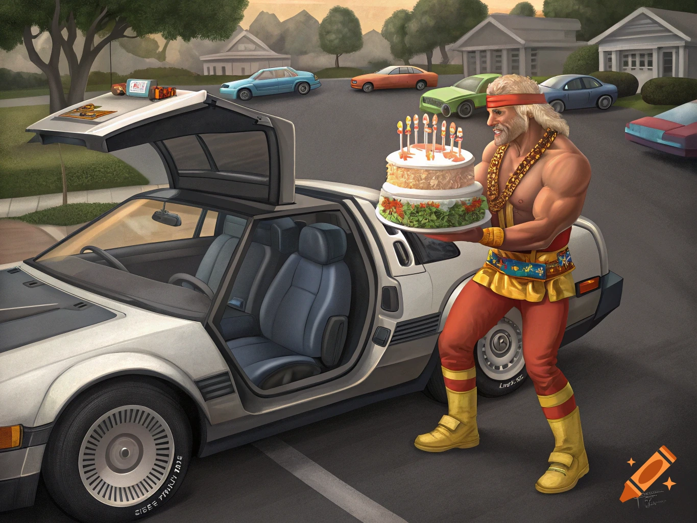 Hulk Hogan, in wrestling attire, holds a birthday cake while standing next to a DeLorean with its gull-wing door open on a suburban street.