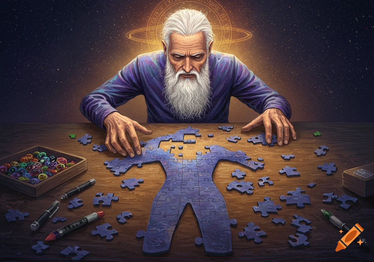 A cosmic being with white hair and beard assembles a human-shaped jigsaw puzzle on a wooden table under a starry sky.