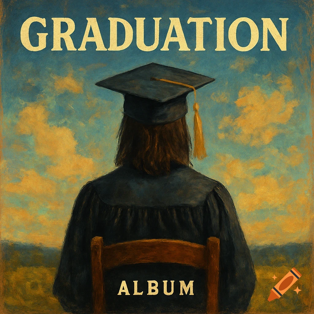 Painting of person in graduation cap and gown looking at a landscape, with 'GRADUATION ALBUM' text.