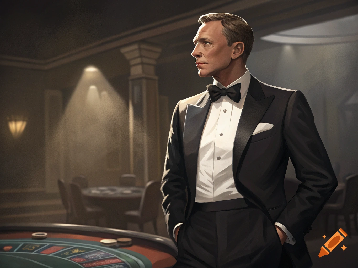 A man in a black tuxedo and bow tie stands in a dimly lit casino, with a roulette table in the foreground.