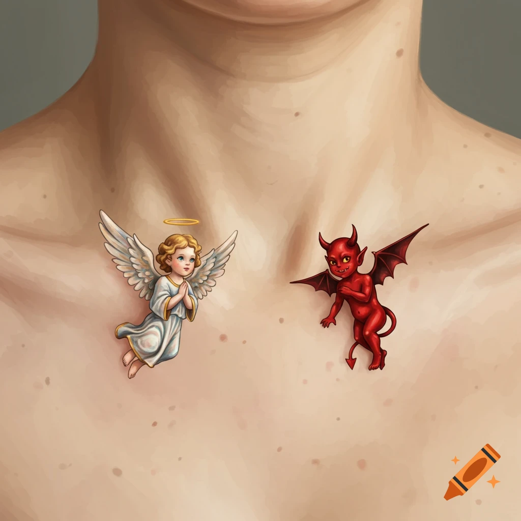 A small angel and devil illustration on a person's skin near their collarbone, symbolizing good and evil.