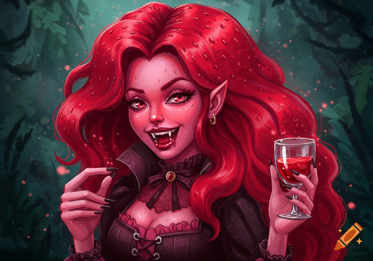 A stylized red-skinned vampire woman with strawberry textured hair smiles, showing fangs and holding a glass of red liquid.