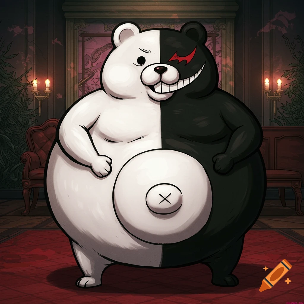 A very fat, black and white Monokuma bear with a potbelly stands in a room in Danganronpa art style.
