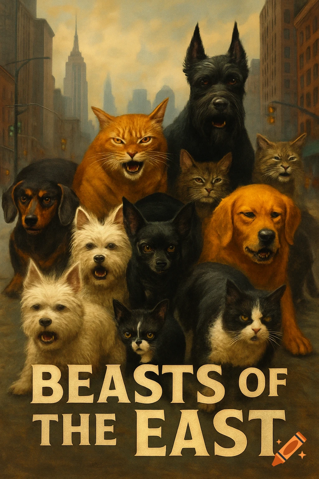 A group of diverse dogs and cats with fierce expressions in a city street, with the text 'BEASTS OF THE EAST' at the bottom.