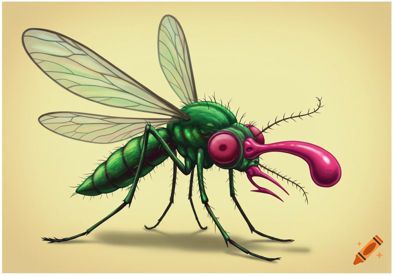 A cartoon mosquito with a green body, large red eyes, a long pink proboscis, and prominent antennae stands on a light background.