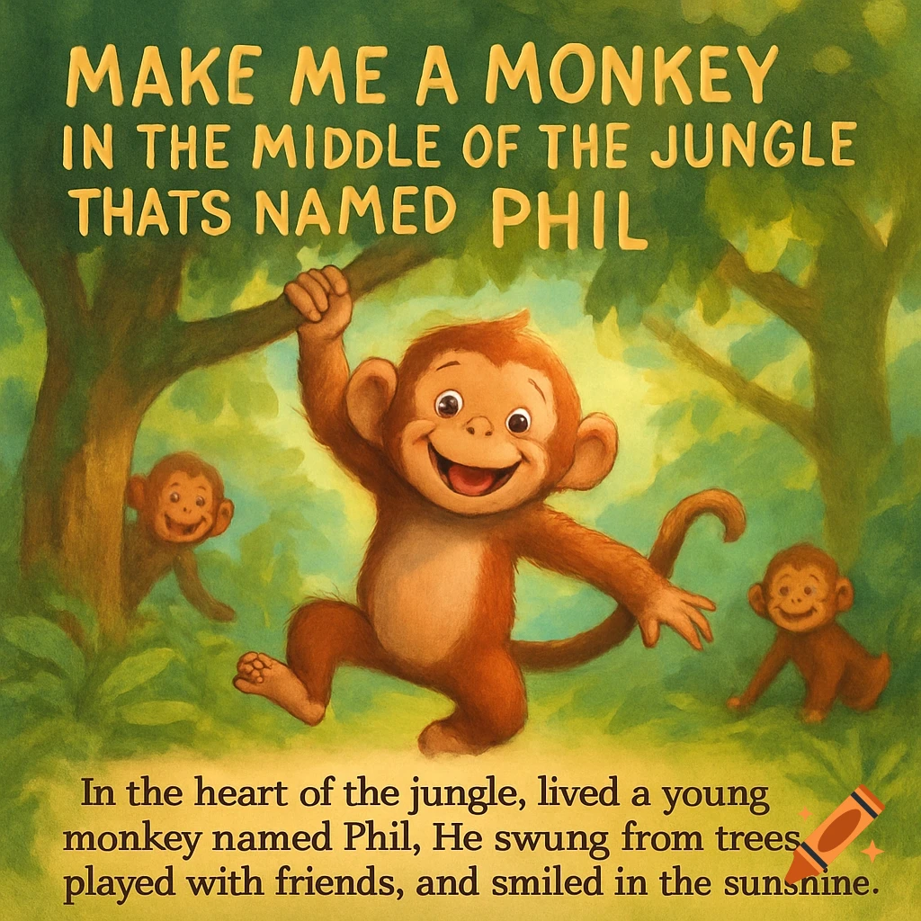 A cheerful cartoon monkey swings from a branch in a vibrant jungle, surrounded by two smaller monkeys. Text overlay describes the scene.
