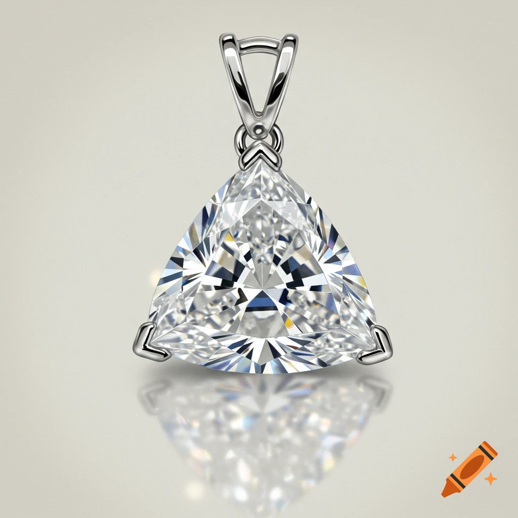 Photorealistic image of a triangle cut diamond pendant set in white gold.