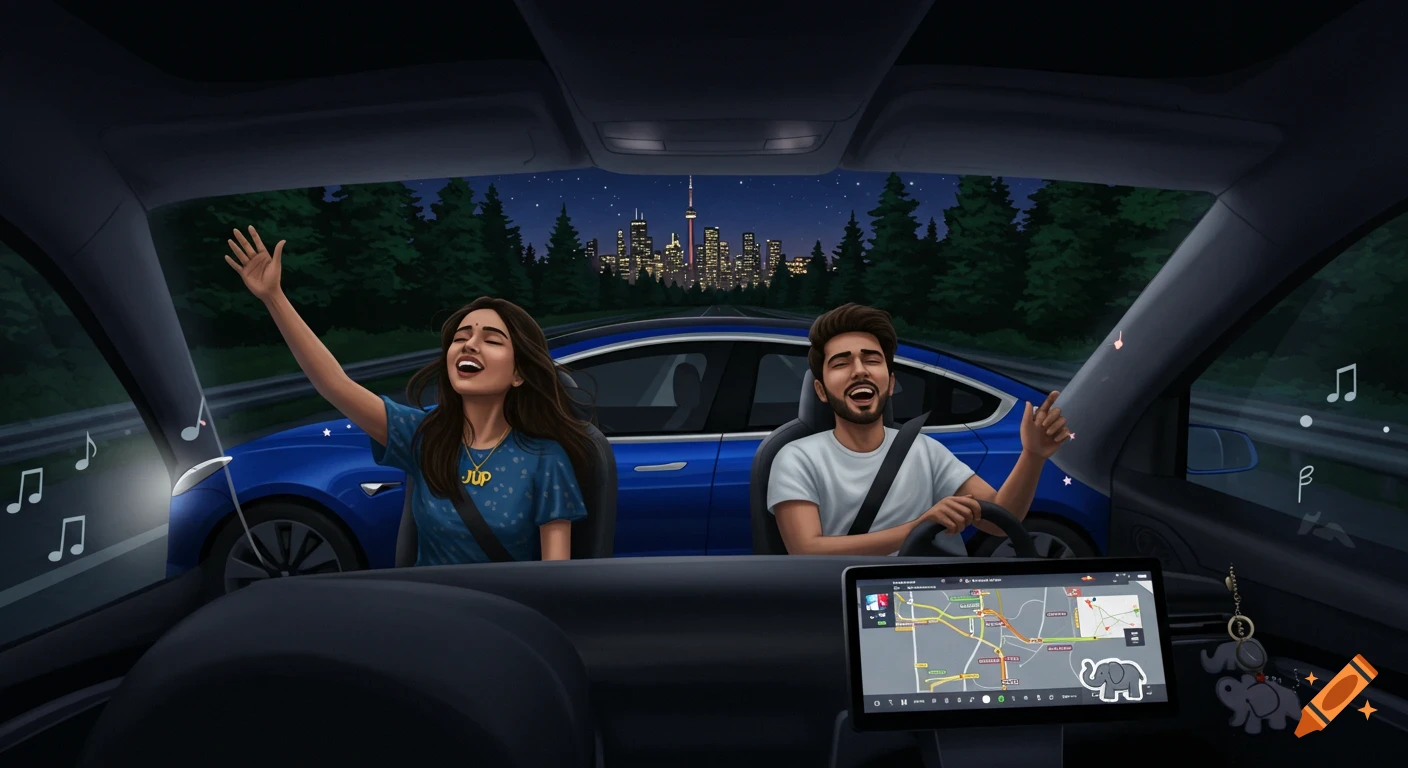 A man and woman singing joyfully in a blue Tesla at night, viewed from the car's interior, with a city skyline in the distance. Semi-realistic illustration.