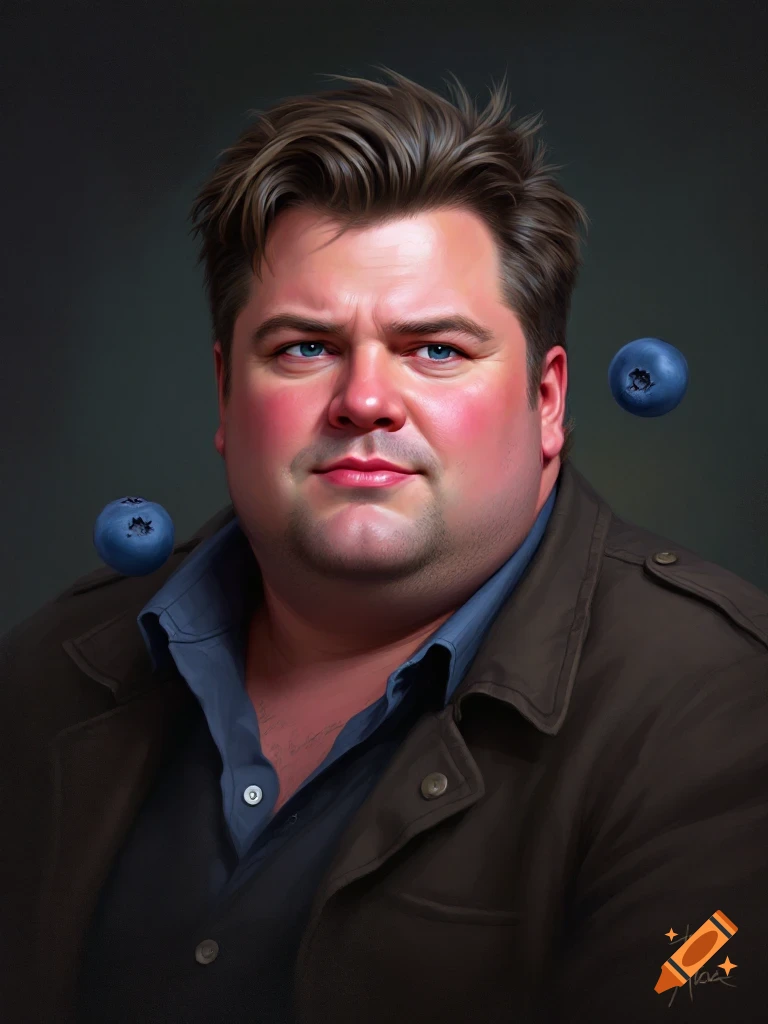 A digital painting of a man with rosy cheeks and blue eyes, wearing a shirt and jacket, with two blueberries floating nearby.