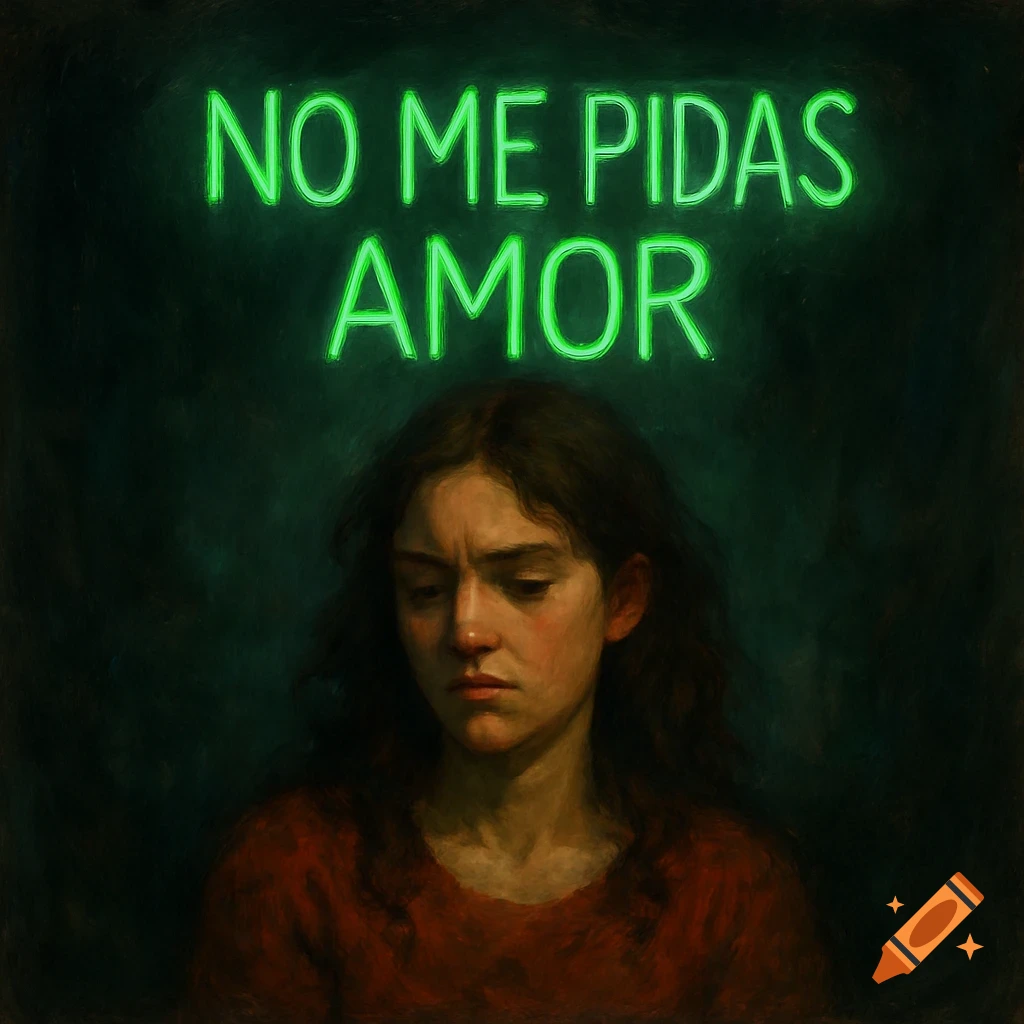 A melancholic woman with long dark hair looks down, set against a dark background with bright green neon text 'NO ME PIDAS AMOR' glowing above her head.
