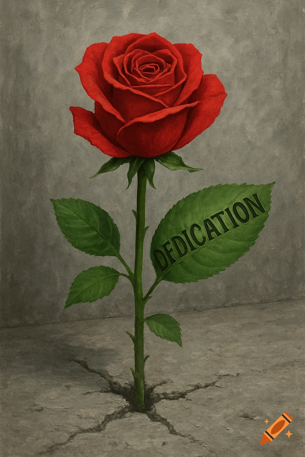 A vibrant red rose with the misspelled word 'DFDICATION' on its leaf, growing through cracked gray concrete.