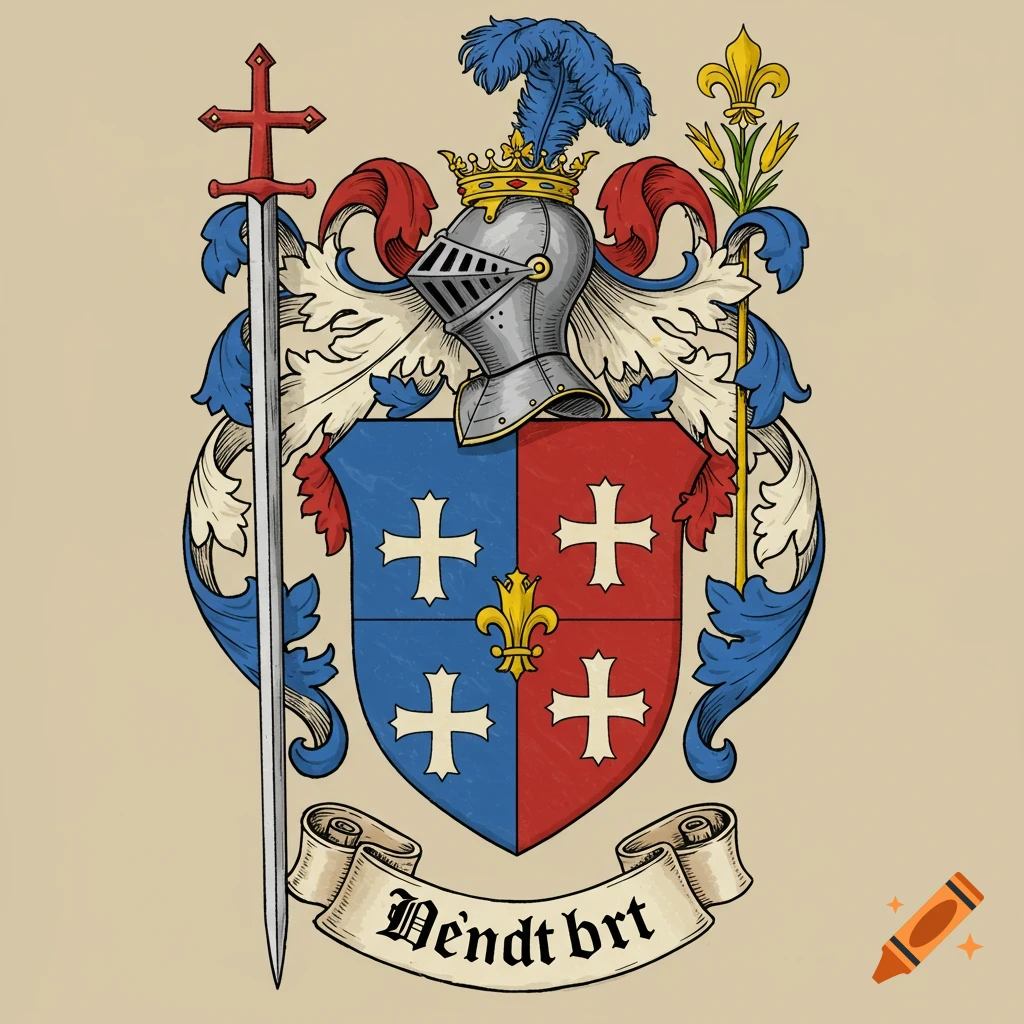 A heraldic coat of arms featuring a blue and red shield with crosses, a golden fleur-de-lis, a plumed knight's helmet, sword, and banner.
