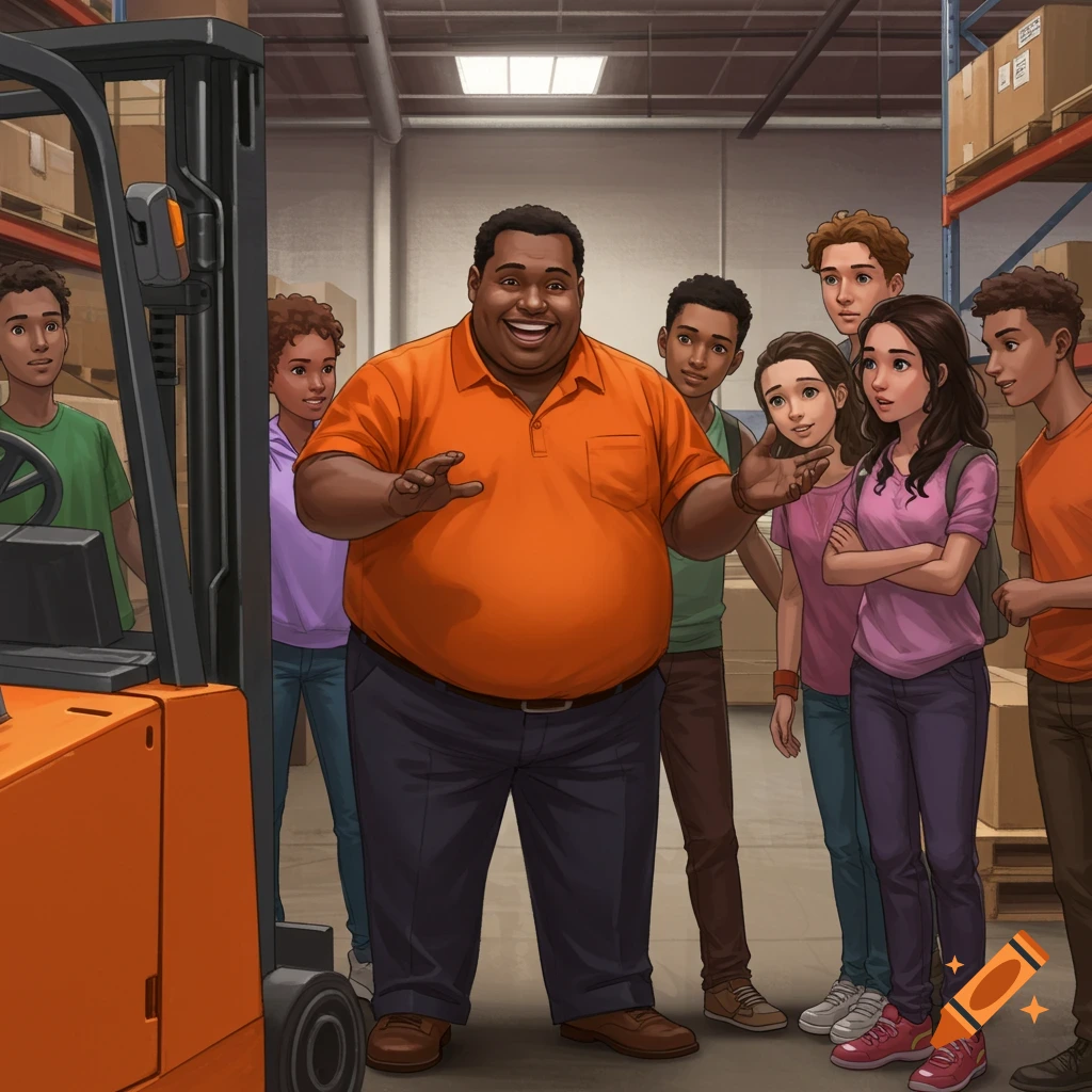 An illustration of a smiling, chubby African American man teaching a group of diverse teenagers next to a forklift in a warehouse.