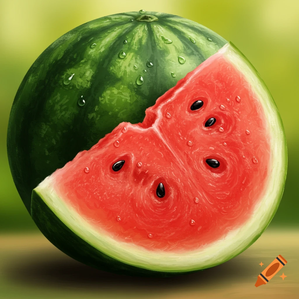A whole watermelon with a large slice cut out revealing bright red flesh with black seeds, and water droplets on the rind, against a blurred green background.