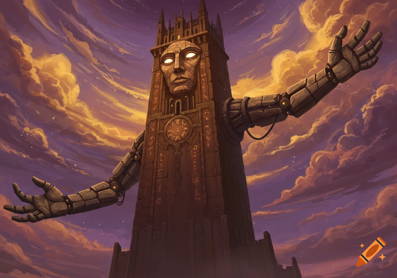 A colossal stone tower with an ancient face and glowing eyes has large robotic arms outstretched against a dramatic purple and orange sunset sky.