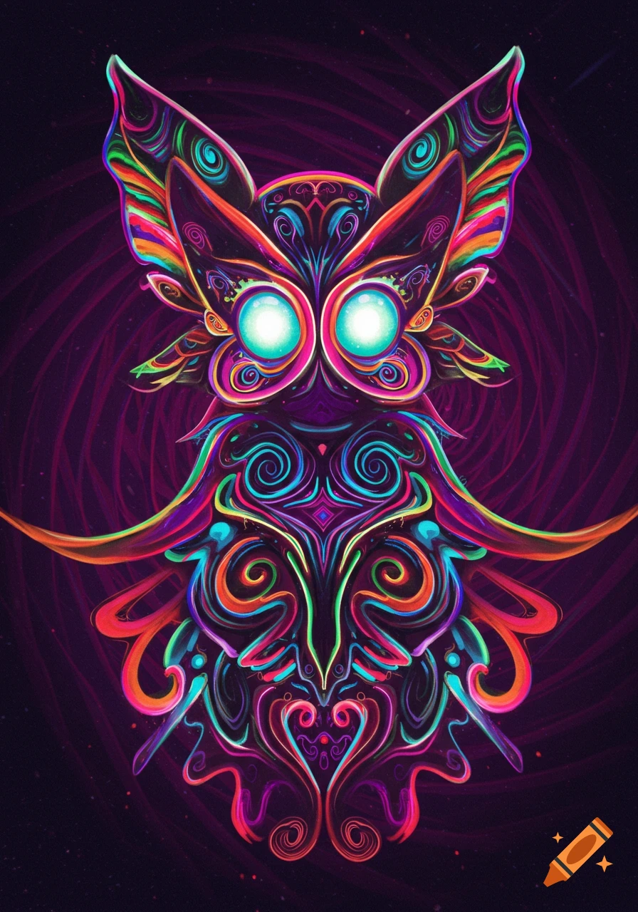 A vibrant, abstract, psychedelic owl with glowing eyes made of colorful swirling patterns on a dark background.