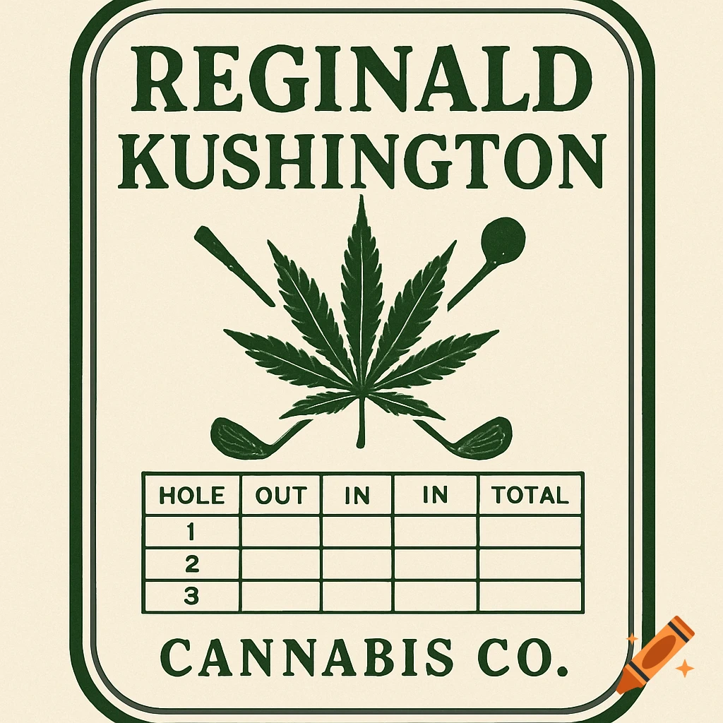 A green and beige logo for Reginald Kushington Cannabis Co., featuring a cannabis leaf, golf clubs, and a golf score card.
