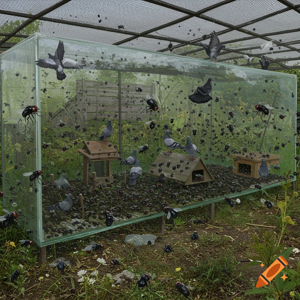 Photorealistic image of a large glass aquarium in a garden filled with thousands of flies and several pigeons.