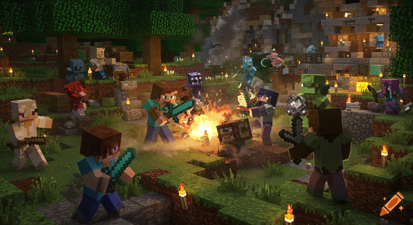 Minecraft characters, including Steve, battle various mobs like zombies and skeletons around a glowing campfire in a blocky forest.