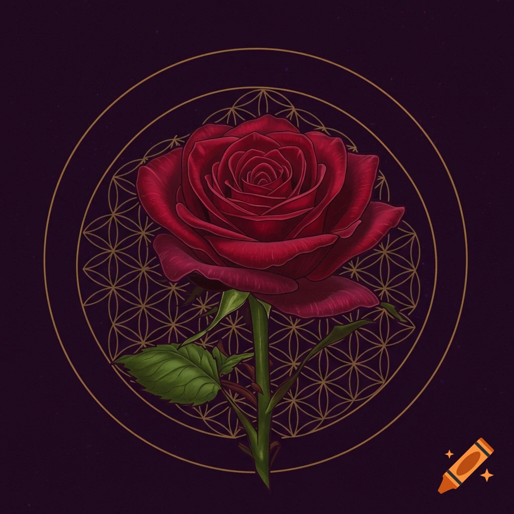 A vibrant red rose centered on a deep purple background with a gold flower of life geometric pattern.