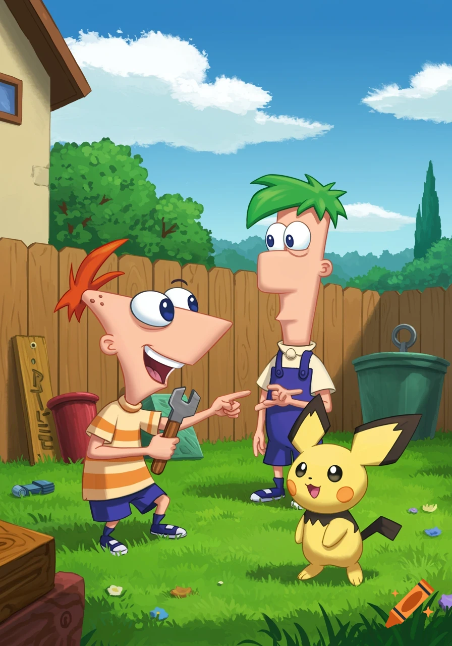 Phineas and Ferb in a backyard, with Phineas holding a wrench and pointing at Pichu from Pok u00e9mon.