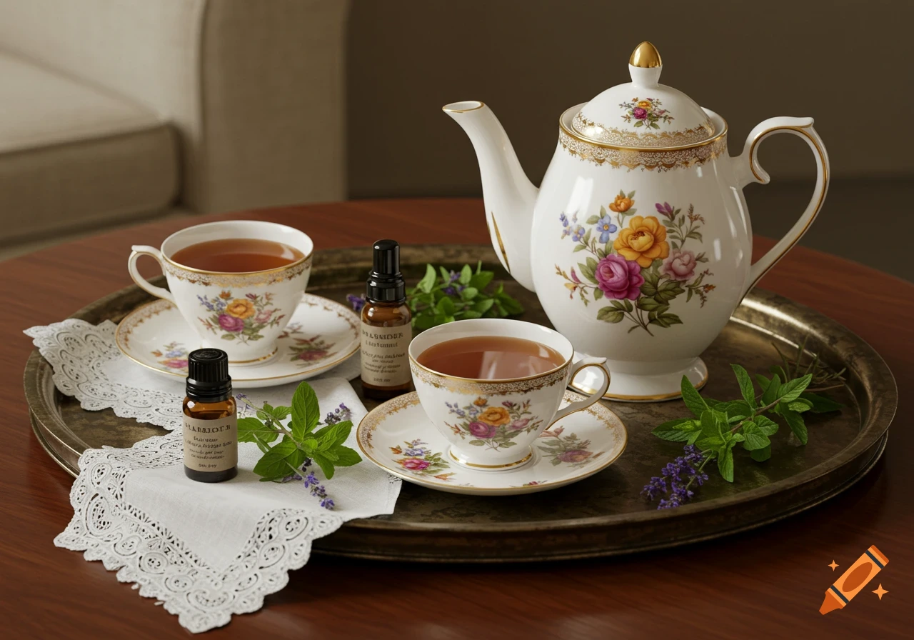 A luxurious tea ceremony setup on a tray with a floral porcelain teapot, teacups, herbs, and amber oil bottles.