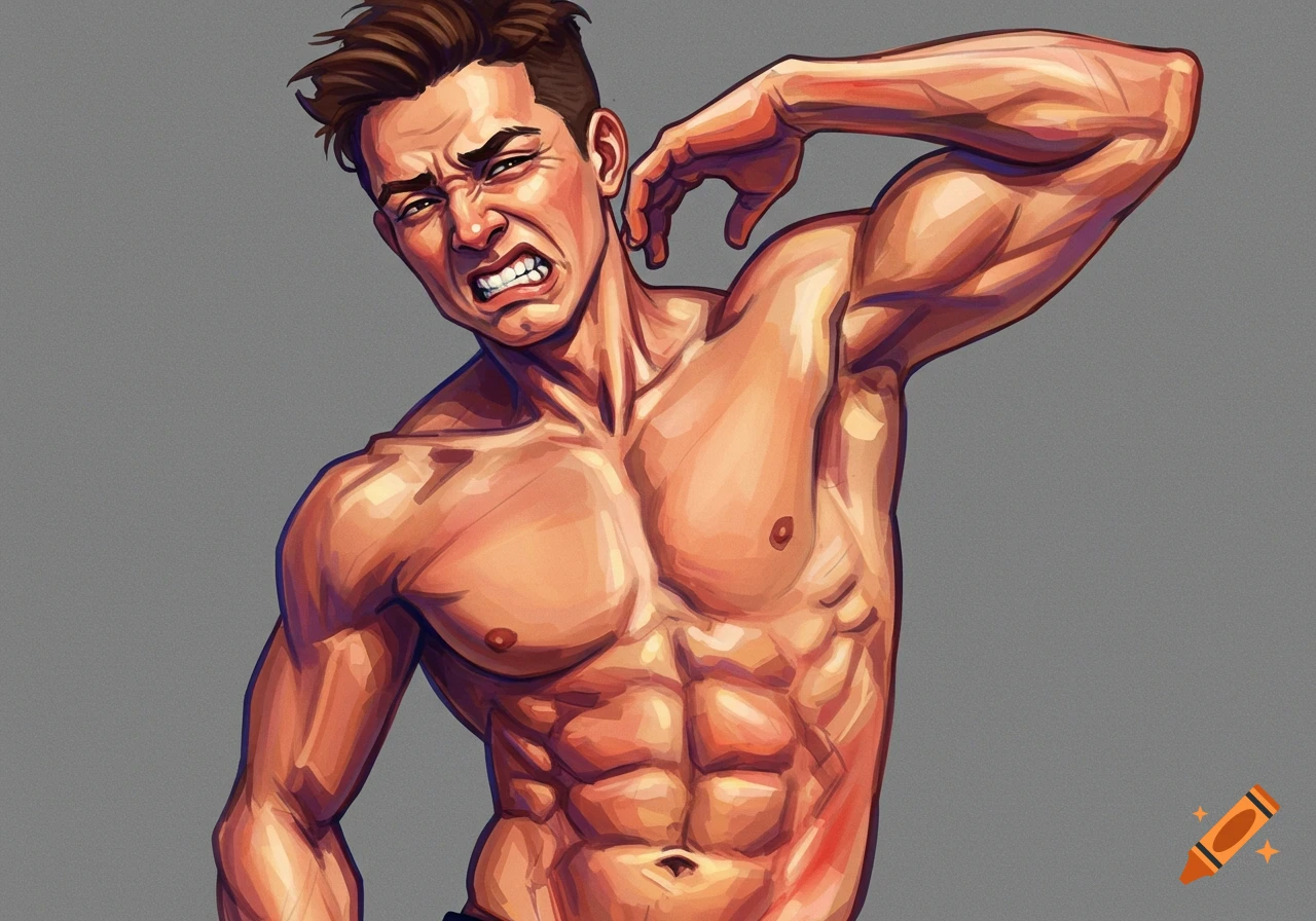 Stylized illustration of a shirtless, muscular man with a pained expression, clutching his neck.