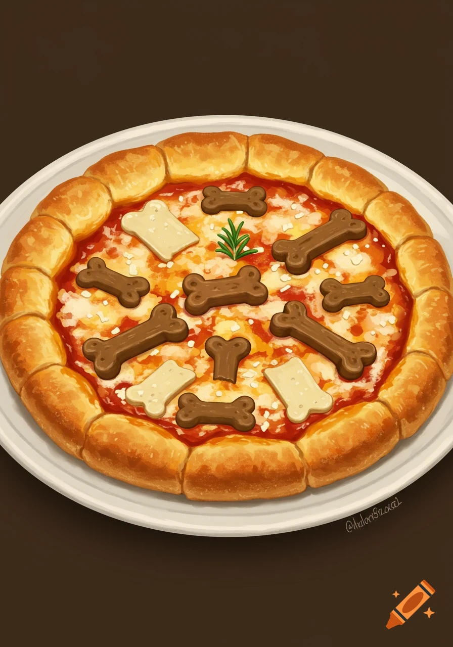 A stylized pizza topped with dog bone shaped treats and white rectangular pieces on a white plate.