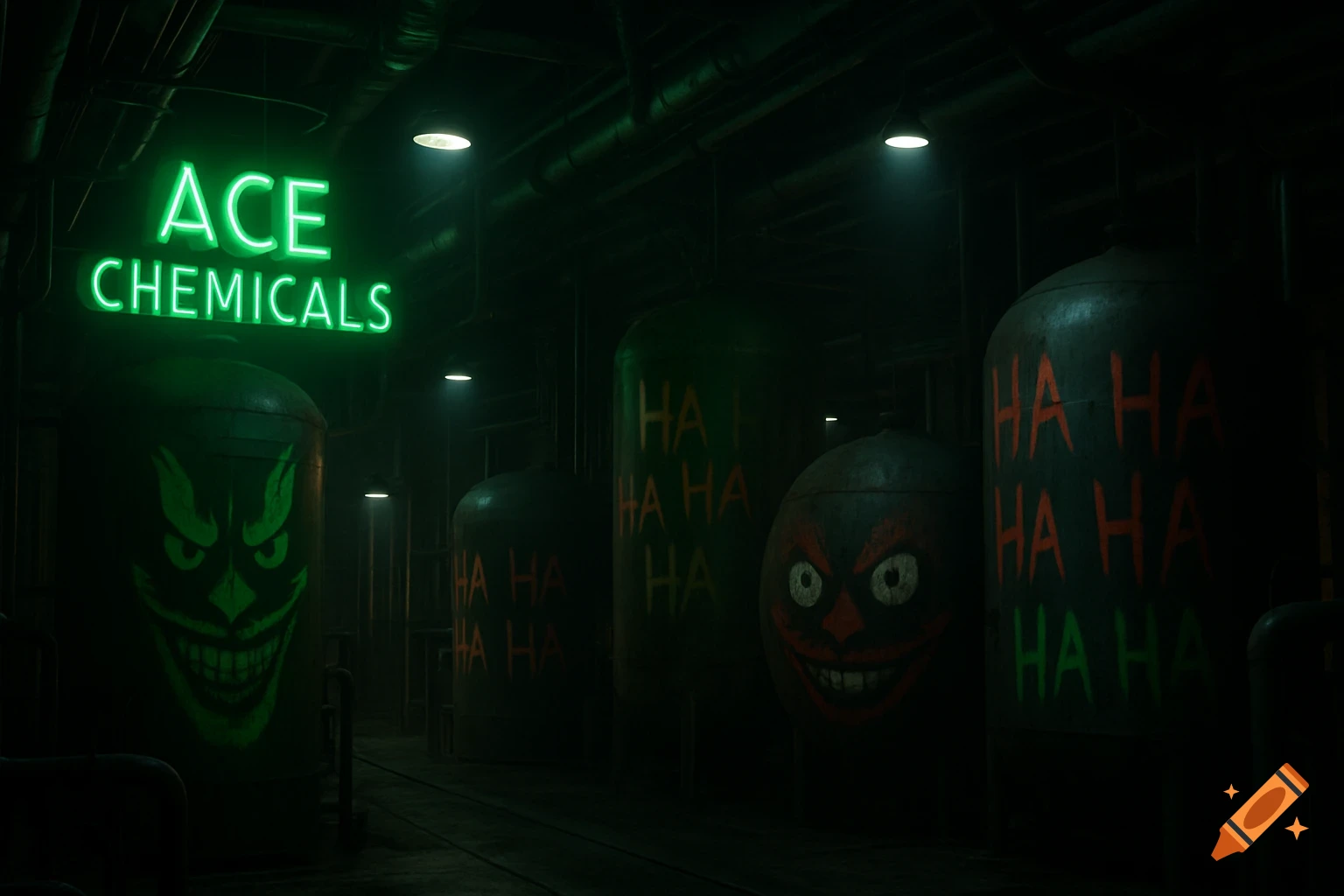 Dark, photo-realistic image of Ace Chemicals interior with green neon signs and large tanks painted with Joker faces and 'HA HA HA HA' text.