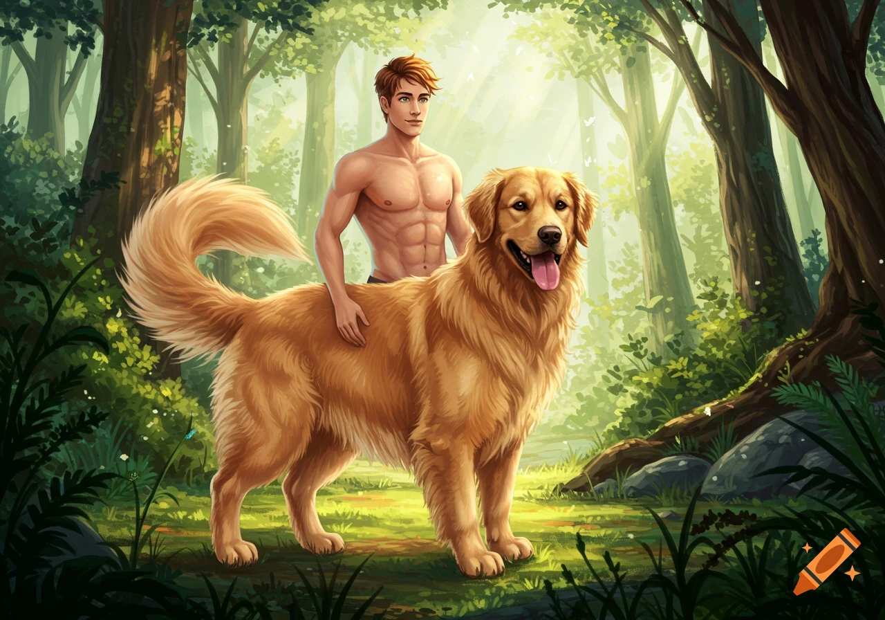A shirtless man with abs stands behind a large, happy golden retriever in a sunlit forest clearing. The man has one hand on the dog's back.