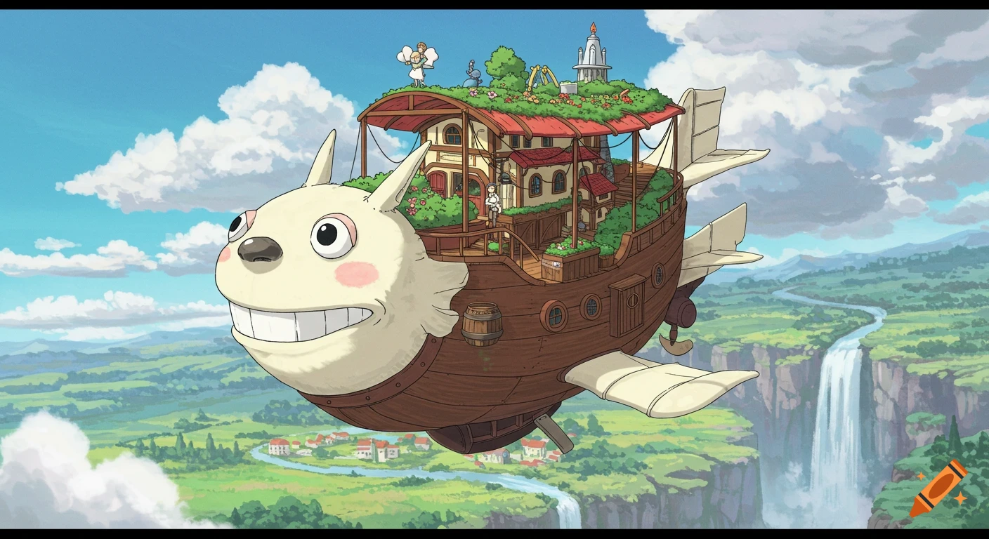 A whimsical Ghibli-style airship with a smiling dog-like head and a house on its deck, flies over a green valley and waterfall.