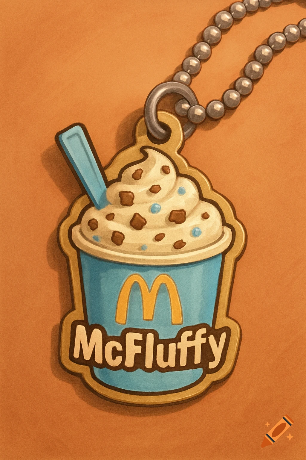 Cartoon illustration of a McDonald's 'McFluffy' McFlurry cup dog tag with whipped cream and sprinkles, on a ball chain.