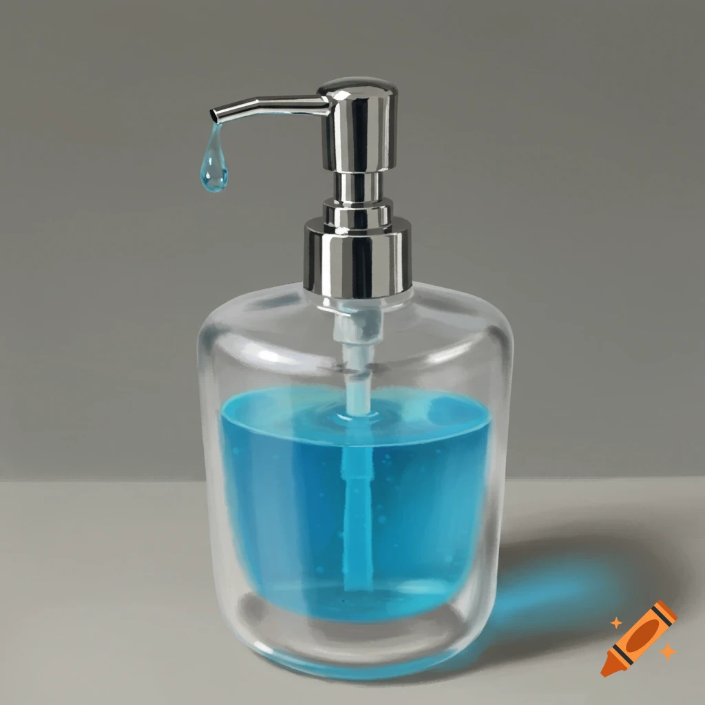 A photorealistic depiction of a clear glass soap dispenser filled with blue liquid, with a chrome pump and a droplet hanging from the spout.