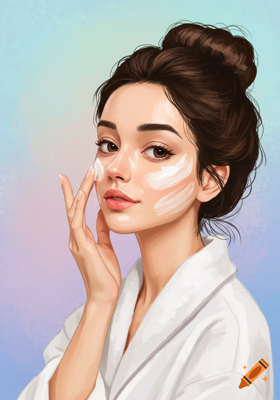 Illustrated close-up of a woman with dark hair in a bun, wearing a white robe, applying white cream to her face.