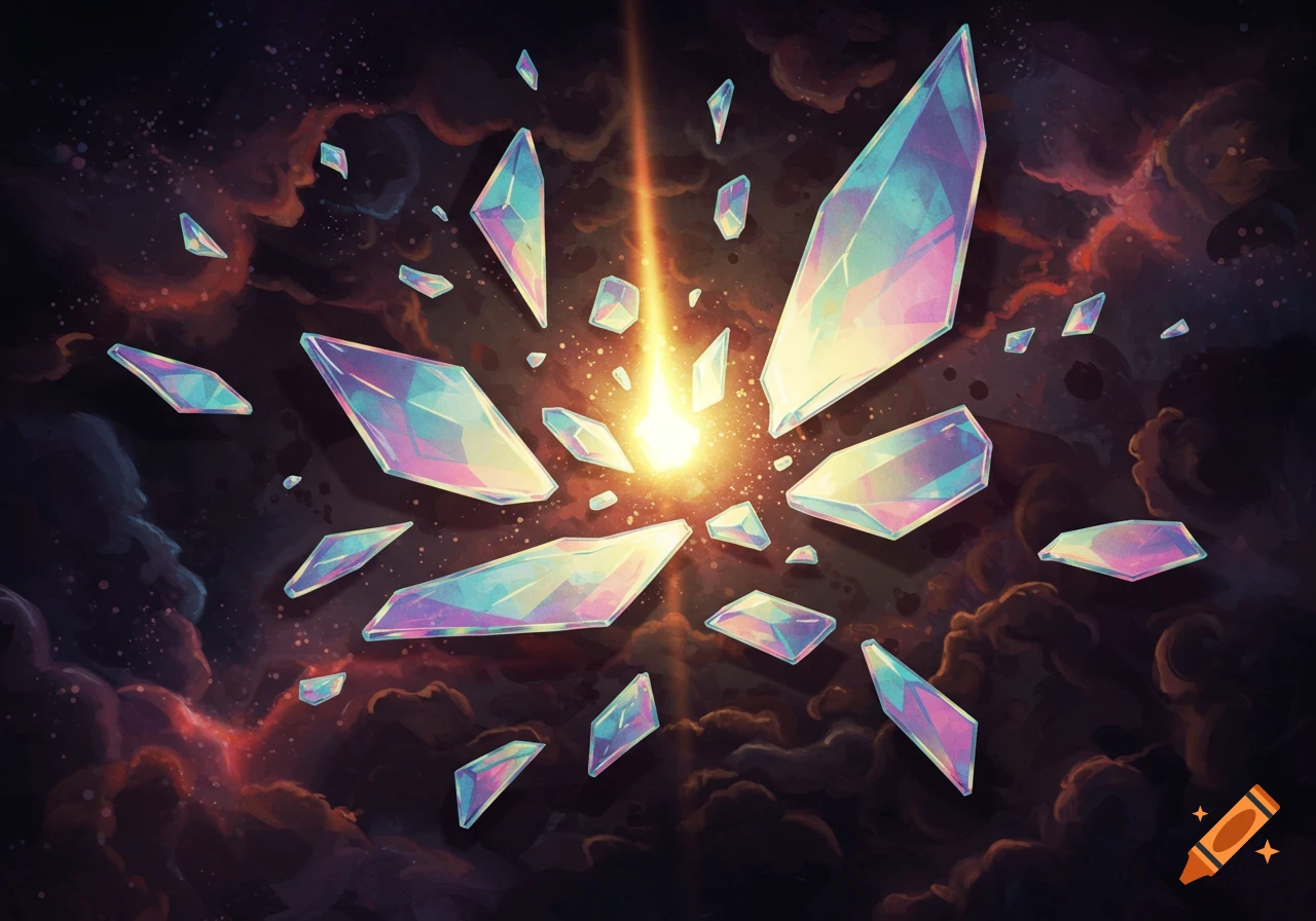Iridescent crystal shards burst from a bright light in a dark cosmic nebula, with colorful clouds and distant stars.
