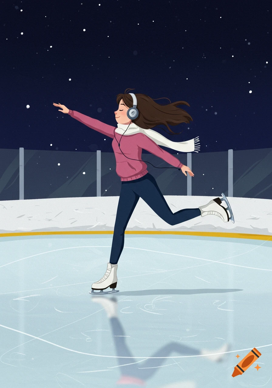 A cartoon girl with headphones ice skates gracefully on a night rink with falling snow.