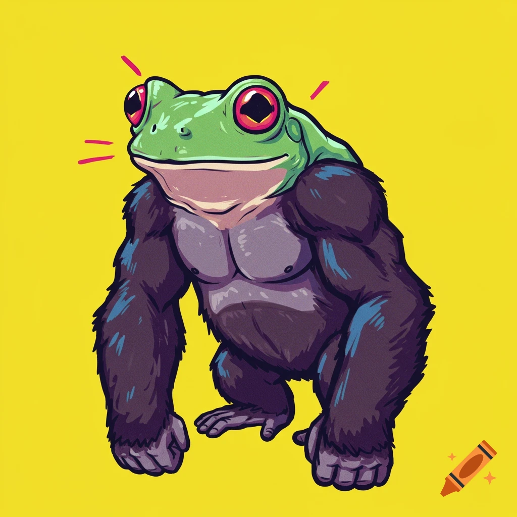 A cartoon frog head on a muscular gorilla body, in pop art style with vibrant colors on a yellow background.