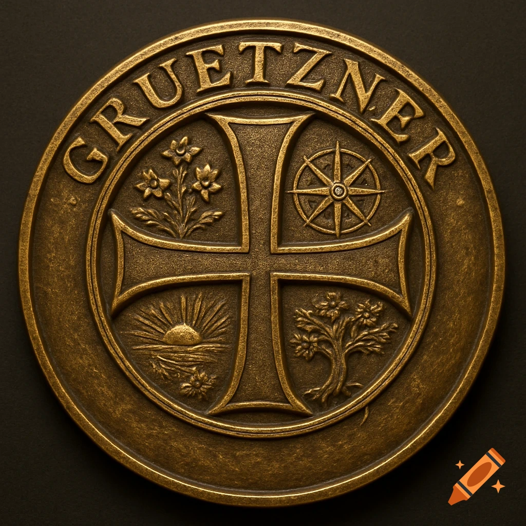 Highly detailed antique-gold medallion with 'GRUETZNER' engraved, featuring a Maltese cross, flowers, compass rose, sunrise, and a stylized tree.